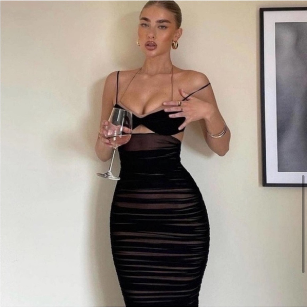 House of CB Tibi Black Cutout Ruched Midi Dress